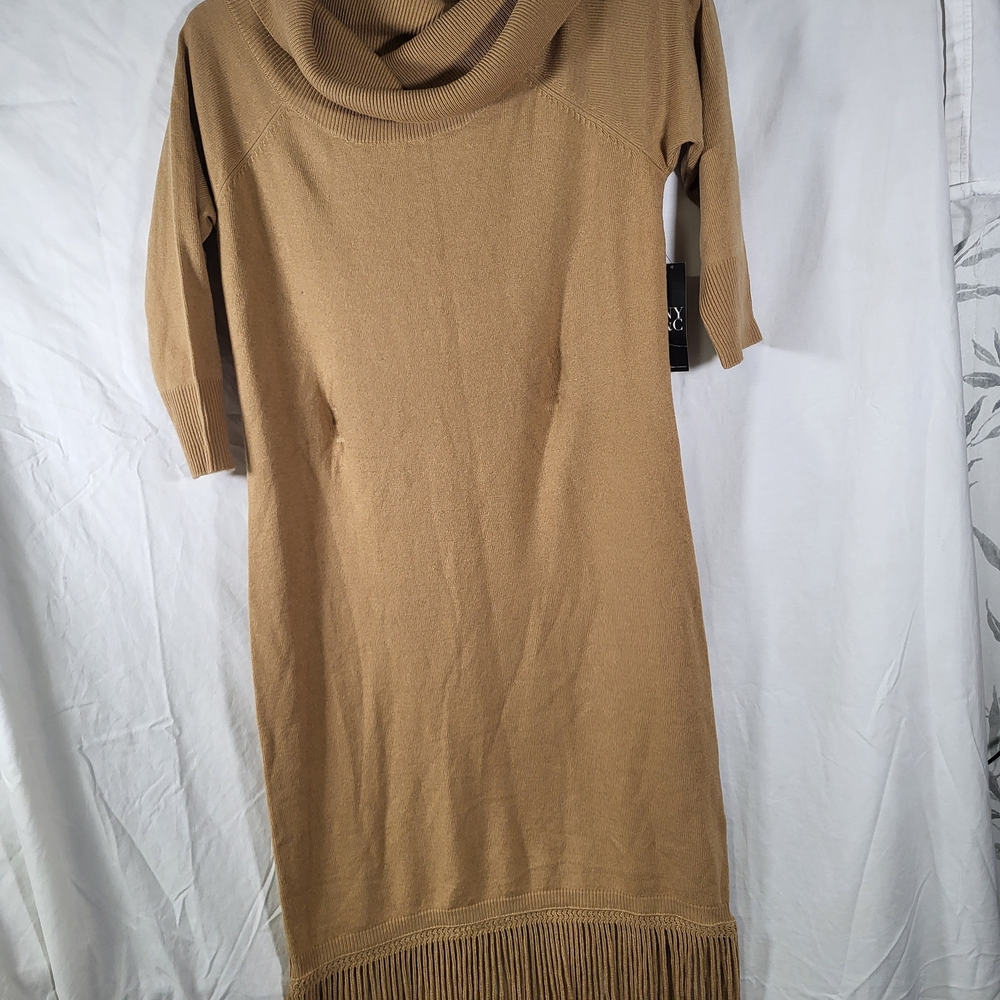New York & Company Tan Midi Fringe Dress Womens Size Medium Nwt